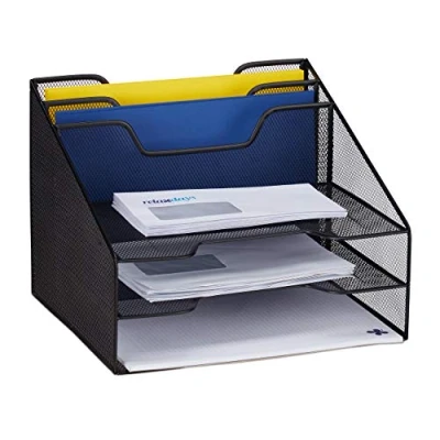 Image of Relaxdays Document Organizer, Standing With 5 Compartments, Letter Rack, File Holder, Mesh, 24x32x29 cm, Black, Steel, 1 Item