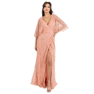 Image of Maya Deluxe Women&#039;s Maxi Ladies Sequin Embellished Wrap A Line Dress for Wedding Guest Bridesmaid Evening Prom Ball Occasion, Apricot Blush, 22