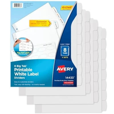 Image of Avery Big Tab Printable White Label Dividers with Easy Peel, 8 Tabs, 4 Sets (14433)