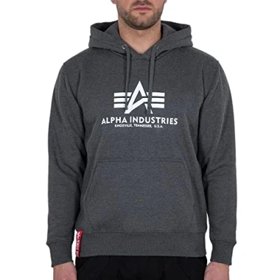 Image of Alpha Industries Men&#039;s Basic Hoody Hooded Sweat Sweatshirt, Charcoal Heather/White, M