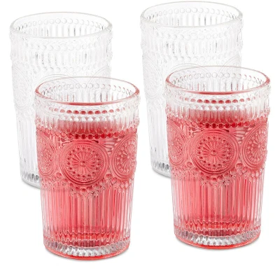 Image of Relaxdays Drinking Set of 4, Dishwasher Safe, 400ml Each, Vintage Glasses with Floral Pattern, Transparent, 13 x 8 cm
