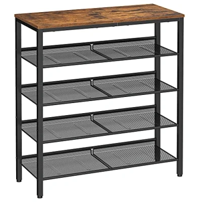 Image of VASAGLE 5 Layer Shoe Rack, High Storage with 4 Mesh Shelves and Large Top for Bags, Space Saving Entrance, Hallway, Steel, Industry, Rustic Brown Black LBS038B01