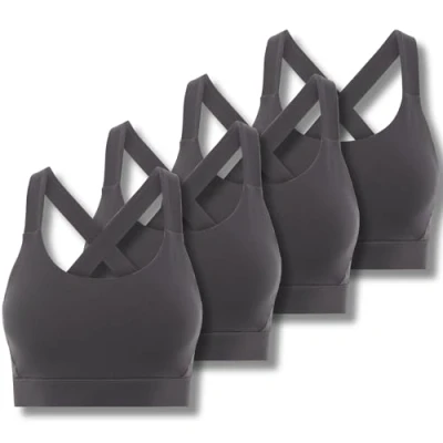 Image of FM London 4PK Strappy Sports Bra (UK, Alpha, S, M, Regular, Charcoal)