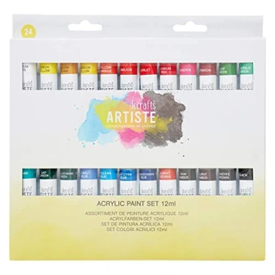 Image of Artiste Acrylic Paint Set 12ml 24 Pack Vibrant Colours, Quick Drying Professional Art, Craft and Hobby Artists Paint. Water Based Paints Cover All Surfaces with Ease, Ideal for Travel