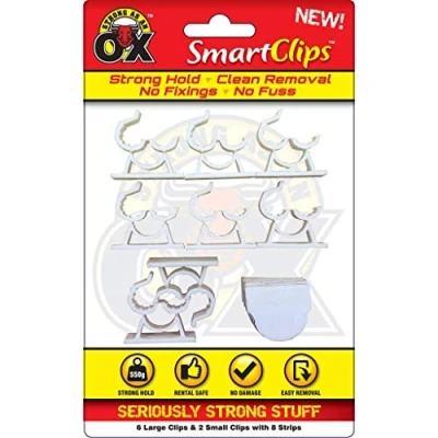 Image of Rapide Strong as an Ox SmartClips Self Adhesive Clips &amp; Strips, Pack of 8 for Tidying up Cables and Wires, Hanging Decorations