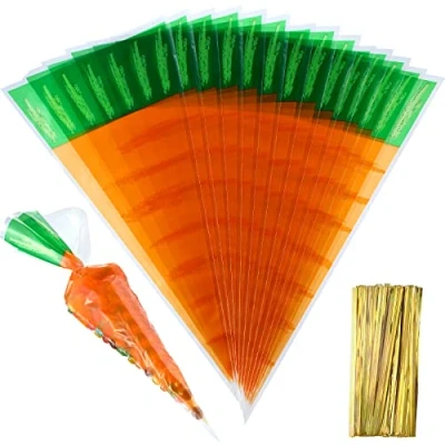 Image of 200 Counts Easter Carrot Patterned Cone Cellophane Bags Treat Goody with Pieces Gold Twist Ties for Party Favor