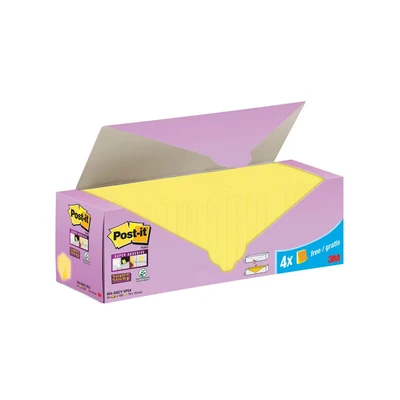 Image of Post it Super Sticky Notes, Canary Yellow, 76 mm x mm, Promo Pack, 90 Sheets/Pad, 20 + 4 Free Pads/Pack, Cardboard Pack