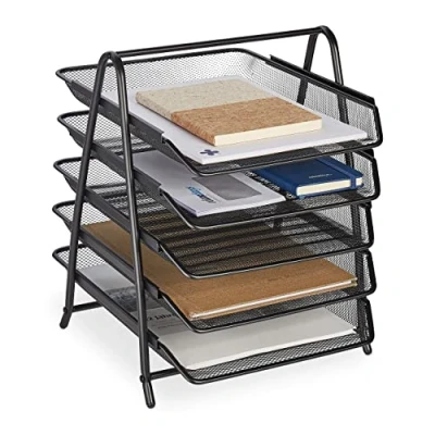 Image of Relaxdays Document, 5 Compartments, Filing System, Mesh, Letter Tray A4, HxWxD: 37.5 x 30 35.5 cm, Metal, Black, Steel