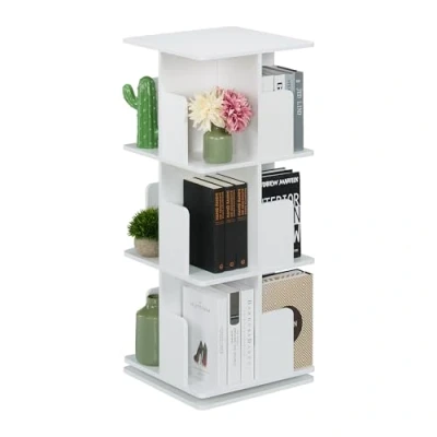 Image of Relaxdays Rotating Bookcase, 360 Degree Swivel, 3 Tier Bookshelf, HWD: 95 x 39 cm, Living Room Storage, White, Steel, Fibreboard