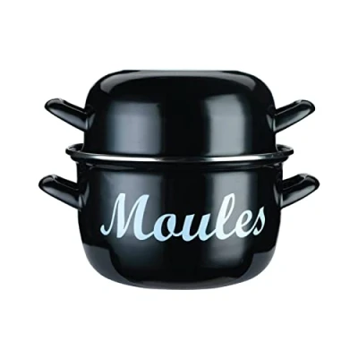Image of KitchenCraft Mussel Pot, World of Flavours, Enamel Dual Purposed Lid, Medium 18 cm (6.5&#039;&#039;), Black