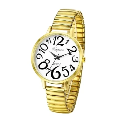 Image of JewelryWe Women&#039;s Big Dial Easy Reader Watch Gold/Silver Tone Elastic Stretch Band Wristwatch, for Xmas