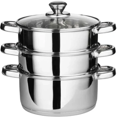 Image of 24cm Stainless Steel 3 Tier Steamer Set Vented Glass Lid Integral Casserole Cooker Pot Vegetable Food Pan Kitchen Cookware Handles