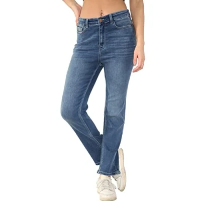 Image of MYT Womens Magic Shaping Straight Leg Jeans Stretch High Waisted Ladies Denim Trousers Mid Blue 18 Long