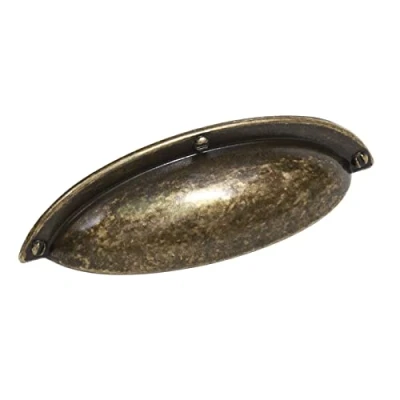 Image of Decoranddecor Manna Cup Shell Half Moon Handles Pull Handle for Cupboard Cabinet Drawer (64mm Hole Center 93,50 Overall Length, Antique Brass)