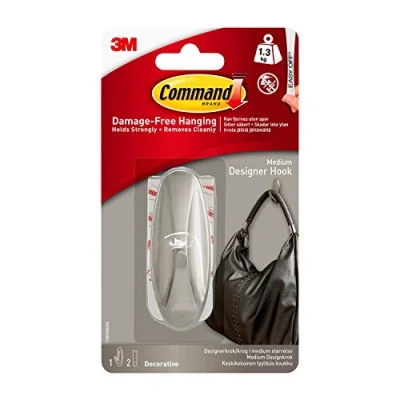 Image of Command Medium Brushed Nickel Designer Hook, Indoor use 1 Metal Hook and 2 Adhesive Strips Hang Jackets, Purses, Handbags, Backpacks, Hats, Scarves, Dog leads Organise Damage Free