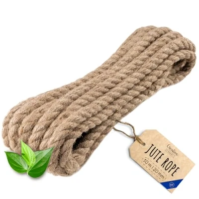 Image of Creative Deco Thick Heavy Duty Jute Rope Natural Brown 10m x 20mm Twisted Hemp Perfect Twine Decking Cord for Cat, Arts &amp; Crafts, Garden, Hammock, Swing, DIY Strong Durable String