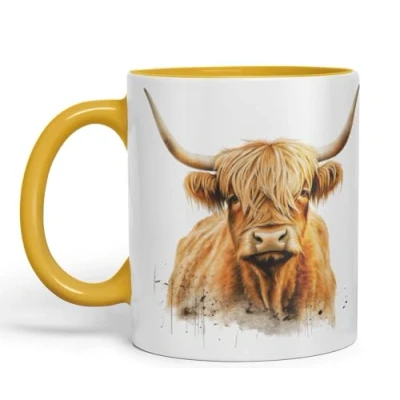 Image of Vixar Highland Cow Scottish Farm Animals Watercolour Art Coloured 330 ml Mug Cup Gift Birthday Work Office Tea Coffee (hc5) (G Yellow)