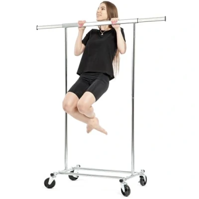 Image of Tatkraft Darren Heavy Duty Clothes Rail on Wheels, Holds up to 100kg, Collapsible Rack, Fast Assembly (30 sec), Adjustable Rail, Extendable Space 70 121x49x150 cm, Chromed Steel