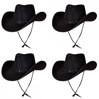 Image of 4 x BLACK Texan Cowboy Hats : Adult Unisex Mens Womens Cowgirl Wild West Rodeo Stag Hen Night Fancy Dress Accessory
