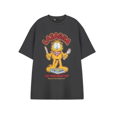 Image of Garfield Mens Grey Short Sleeved T Shirt Eat Your Heart Out Graphic Cartoon Character Tee Officially Licensed Apparel Retro Movie Merchandise Gift