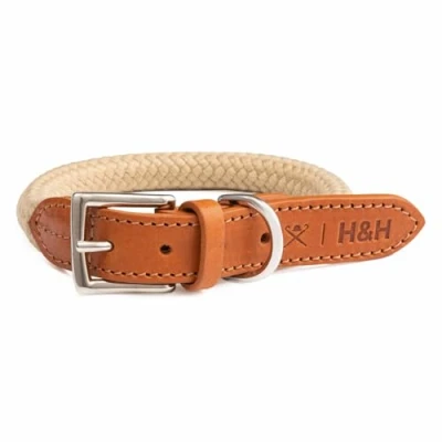 Image of HUGO &amp; HUDSON x HACKETT Rope Dog Collar with Cognac Leather Adjustable Metal Buckle, Natural M