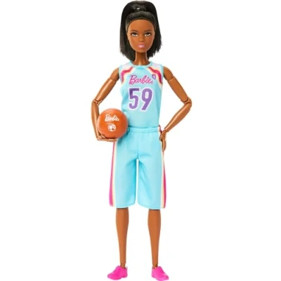 Image of Barbie Made to Move Doll &amp; Accessories, Brunette Basketball Player Wearing Removable Uniform with Ball, 22 Bendable Joints, HKT74