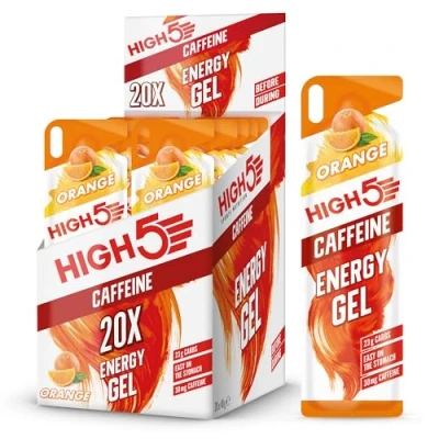 Image of HIGH5 Caffeine Energy Gels Quick Release Sports to Power Muscles for Peak Performance Natural Fruit Juice On The Go Boost Running, Cycling and Endurance (Orange, 20 x 40g)