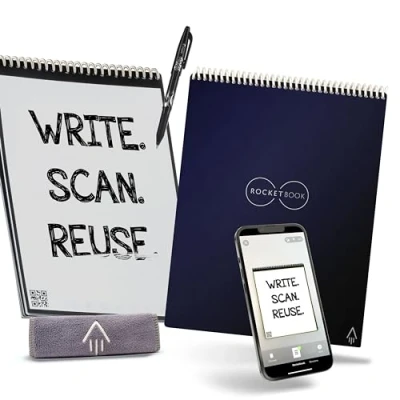 Image of ROCKETBOOK Flip Letter A4 Size Dark Blue Smart Infinitely Erasable Legal Pad Lined/Dot Grid Includes Pilot FriXion Pen and Wipe