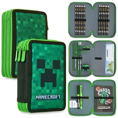Image of Minecraft Filled Pencil Case for Kids with Multiple Compartments, Stationery Included School Supplies (Green Creeper)
