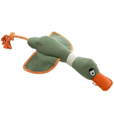 Image of House of Paws Large Kahki Duck, Cotton Canvas Thrower Dog Toy with Rope and Squeaker