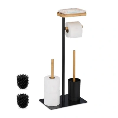 Image of Relaxdays WC Set, Bamboo, Stainless Steel, Free standing, incl. 2 Spare Heads, Toilet Roll &amp; Brush Holder, Black/Natural, Iron, 65 x 30 20 cm