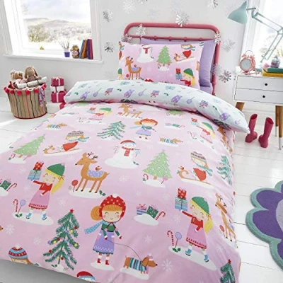 Image of Happy Linen Company Kids Girls Festive Christmas Tree Ice Skating Sausage Dog Pink Double Reversible Duvet Cover Bedding Set