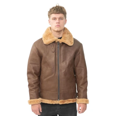 Image of Infinity Men&#039;s Brown B3 Shearling Sheepskin WW 2 Bomber Leather Flying Aviator Jacket XL