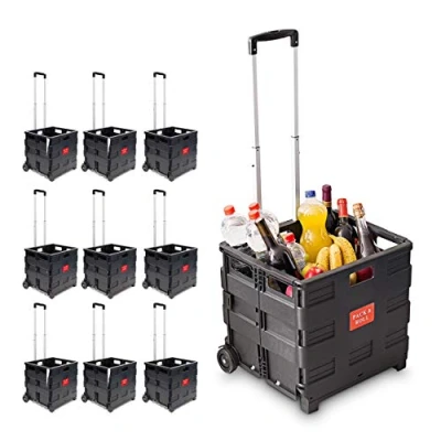 Image of Relaxdays Shopping Trolley, Set of 10, 35kg, Adjustable Handle &amp; Wheels, HWD: 100 x 42 37 cm, Plastic, Black