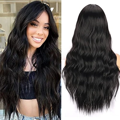 Image of ColorfulPanda Long Black Wigs for Women Natural Synthetic Hair Wavy Curly Wig Glueless Heat Resistant Fiber Daily Party Wear