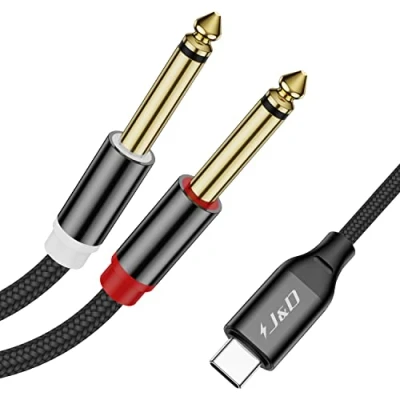 Image of J&amp;D USB C to Dual 6.35mm 1/4 inch Stereo Splitter Y Cable, Type 6.35 mm TS Audio Cord for iPhone 15/15 Plus/15 Pro/15 Pro Max, Tablet, Laptop, Amplifier, Mixer, 2 Meter