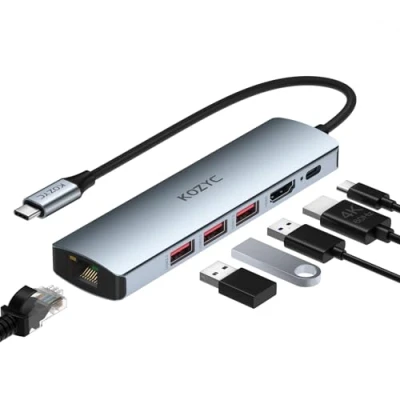 Image of USB C Hub Ethernet Multiport Adapter, KOZYC 6 IN 1 to HDMI Dock with 4K 60Hz, 1Gbps RJ45 Ethernet, 3 3.2 Data Ports, 100W PD Compatible MacBook Air/Pro, XPS13/15, Dell