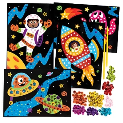 Image of Baker Ross FE727 Solar System Sequin Art Kits Pack of 4, Make Your Own Childrens Craft Set, Creative Activities for Kids, Decorate Arts and Crafts Pictures