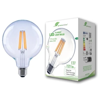 Image of greenandco Clear LED Filament Bulb E27 G125 7.2W 1521lm Replaces 100W 3000K Warm White 320 230V Flicker Free Energy Class A Non Dimmable