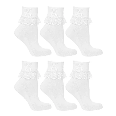 Image of undercover lingerie 6 Pairs Girls Jester Frilly Lace Bow Ankle Socks White 12.5 3.5