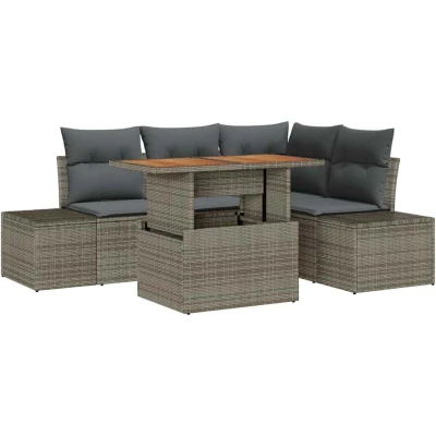 Image of vidaXL 5 Piece Garden Dining Set with Cushions Grey Poly Rattan Acacia