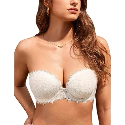Image of DOBREVA Women&#039;s Strapless Bra Push Up Lace Plunge Padded Underwire Bras Add 1 Cup Coconut White 36C