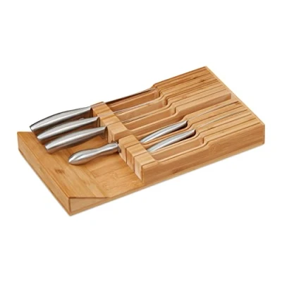 Image of Relaxdays Knife Holder, Drawer Insert, for 12 Knives &amp; Sharpener, Bamboo, Horizontal Storage, 5 x 43 23 cm, Natural
