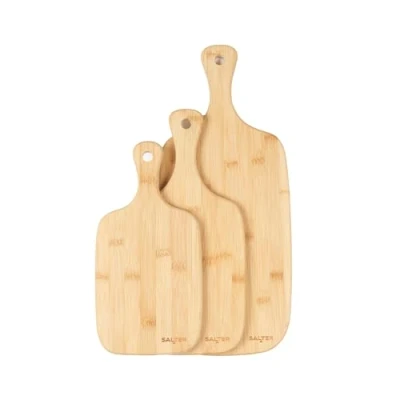 Image of Salter Wooden Chopping Boards 3 Piece Bamboo Board Set 30cm, 35cm, 45cm, Chop, Cut &amp; Carve Meat, Vegetables, Cheese Bread, Protects Worktops, Paddle Handles With Hooks, BW06732EU7