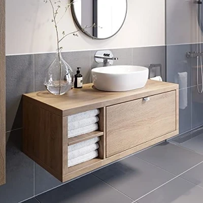 Image of Vitusso Garda Wood Wall Hung Countertop Vanity Unit with St Tropez White Basin 1100mm LH Shelves