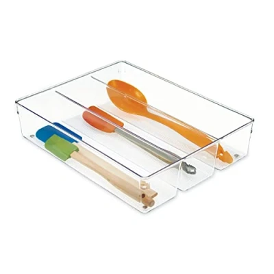 Image of iDesign Deep Drawer Organiser with 3 Compartments, Large Plastic Kitchen Insert, Practical for Accessories, Utensils and Cutlery, Clear, 26.7 x 7.6 35 cm