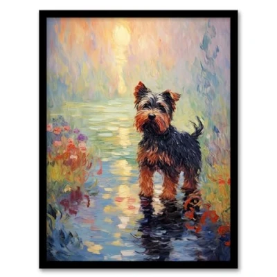 Image of Artery8 Yorkshire Terrier Claude Monet Style Dog Oil Painting Sunrise Walk By Lake Artwork Framed Wall Art Print A4