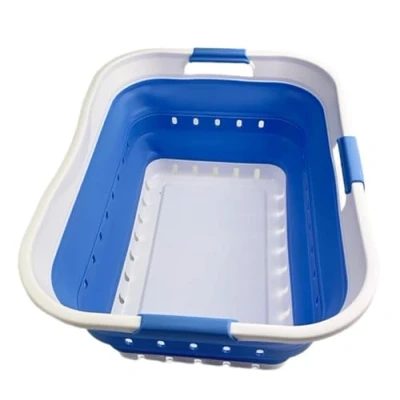 Image of SAMMART 42L Collapsible Plastic Laundry Basket Foldable Pop Up Storage Container/Organizer Space Saving Hamper/Basket (1, White/Little Boy Blue)