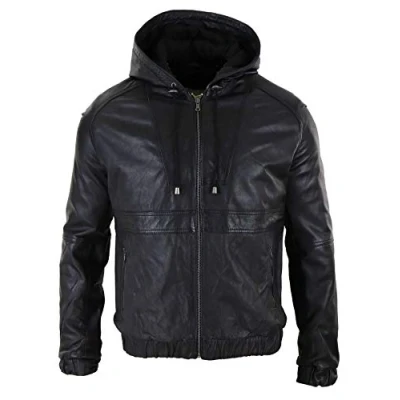 Image of Mens Real Leather Hood Bomber Jacket Tan Brown Black Zipped Tailored Fit Casual L