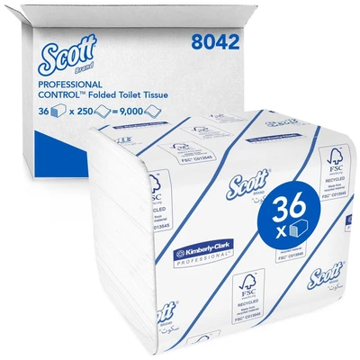Image of Scott Control Folded Toilet Tissue 8042 2 Ply Bulk Paper 36 Packs x 250 Sheets (9,000 Total)